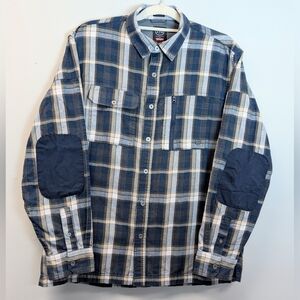 Wrangler ATG Regular Fit Button-Up Flannel Shirt Men's L Plaid Elbow Patch Blue